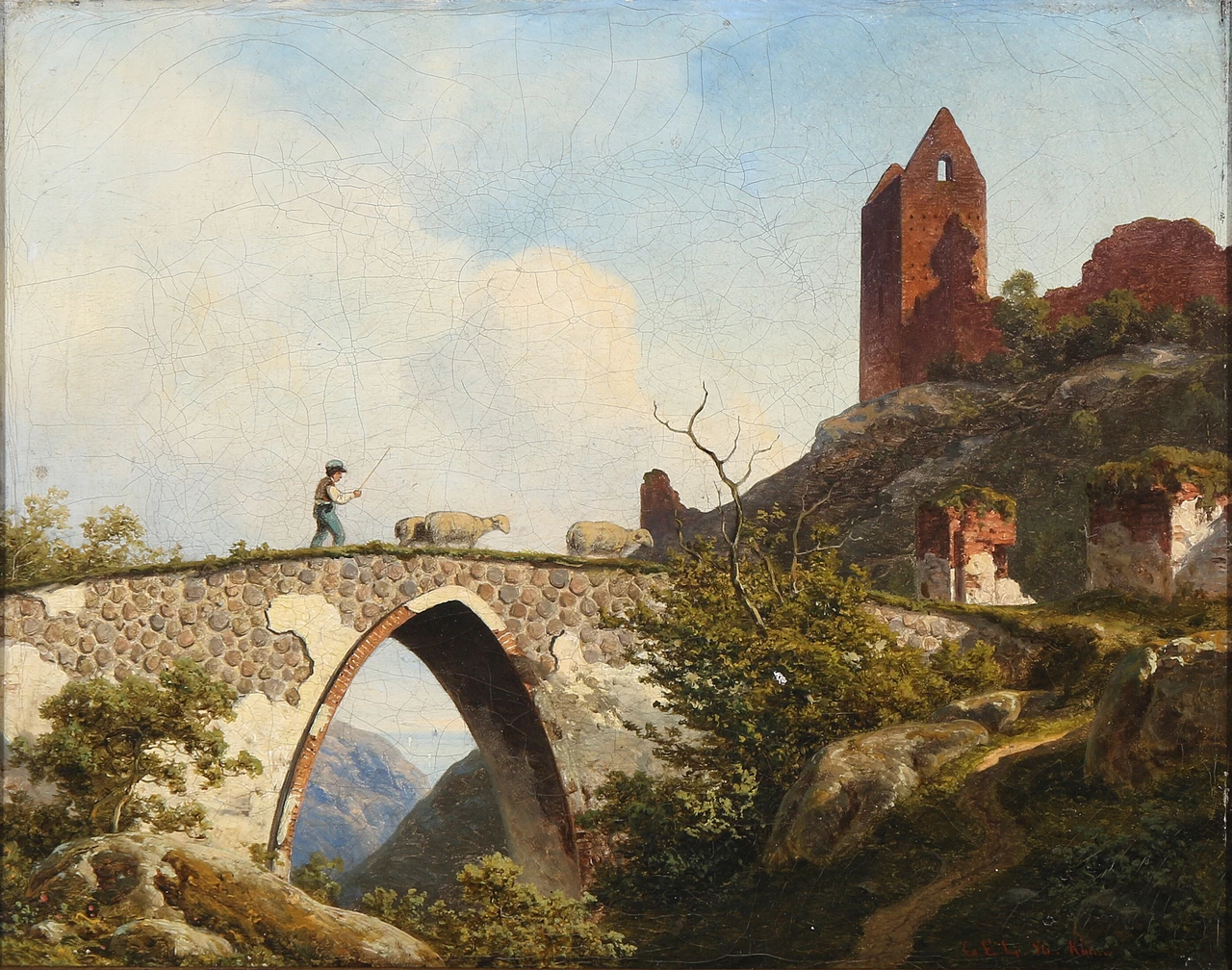 Vista da Hammershus su Bornholm con un pastore che attraversa un ponte